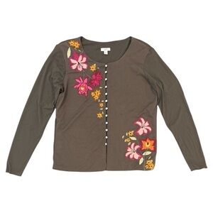 J. Jill Floral Embroidered Mesh Sleeved Cardigan Blouse in Brown Size Small